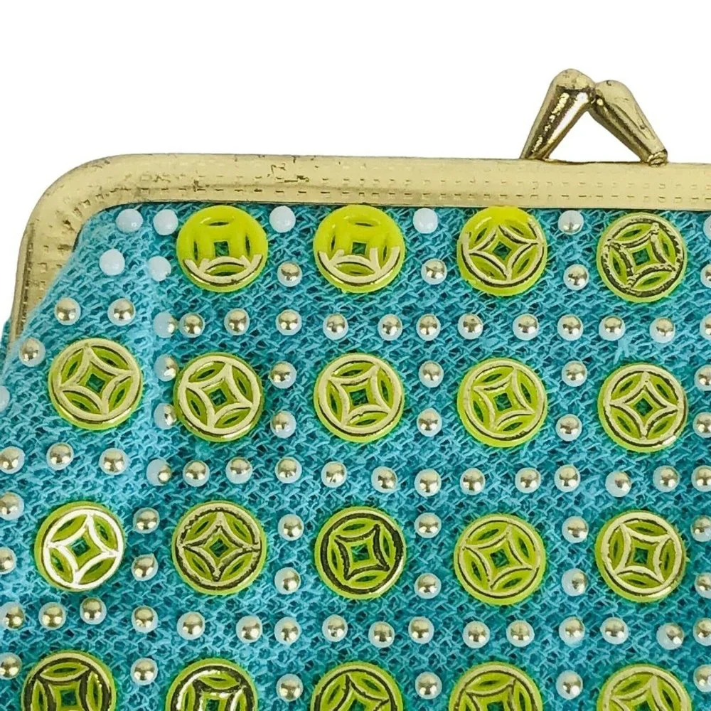VTG Womens Clutch Purse Beaded Made Hong Kong Kiss Lock Closure Blue Green Small